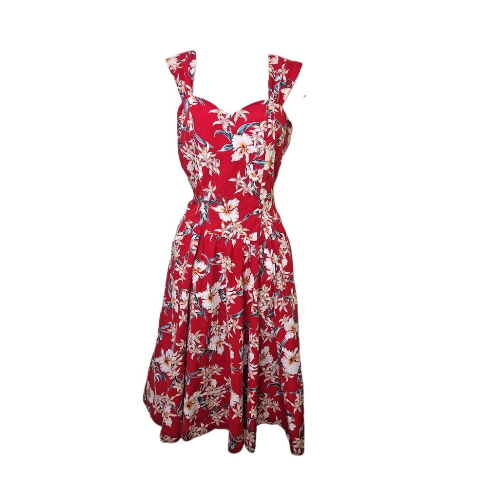 Vtg Royal Hawaiian Creations Red Orchid Fit &‎ Flare Sweetheart Bodice Dress M